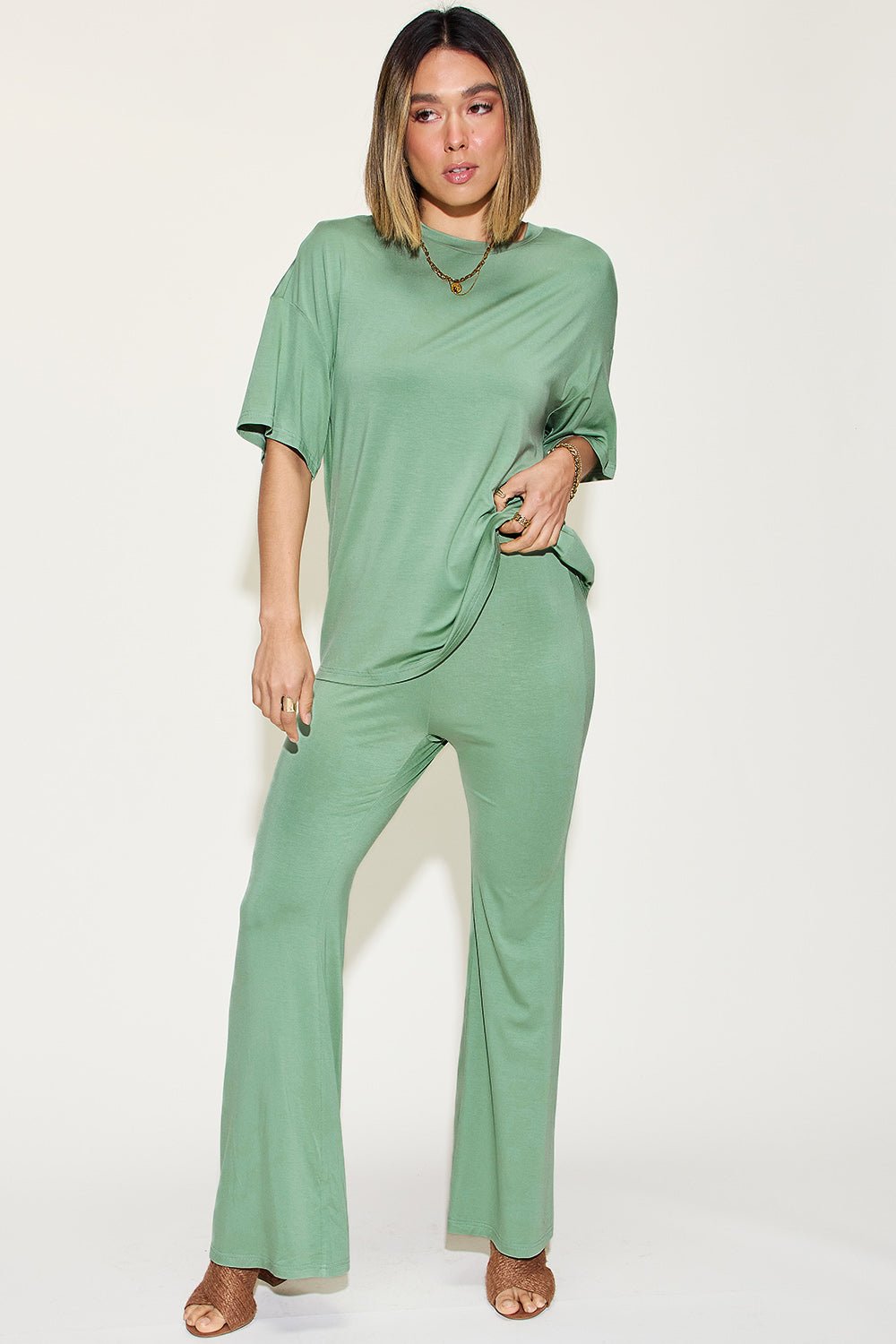 Basic Bae Full Size Bamboo Drop Shoulder T-Shirt and Flare Pants Set - Runway Regalia