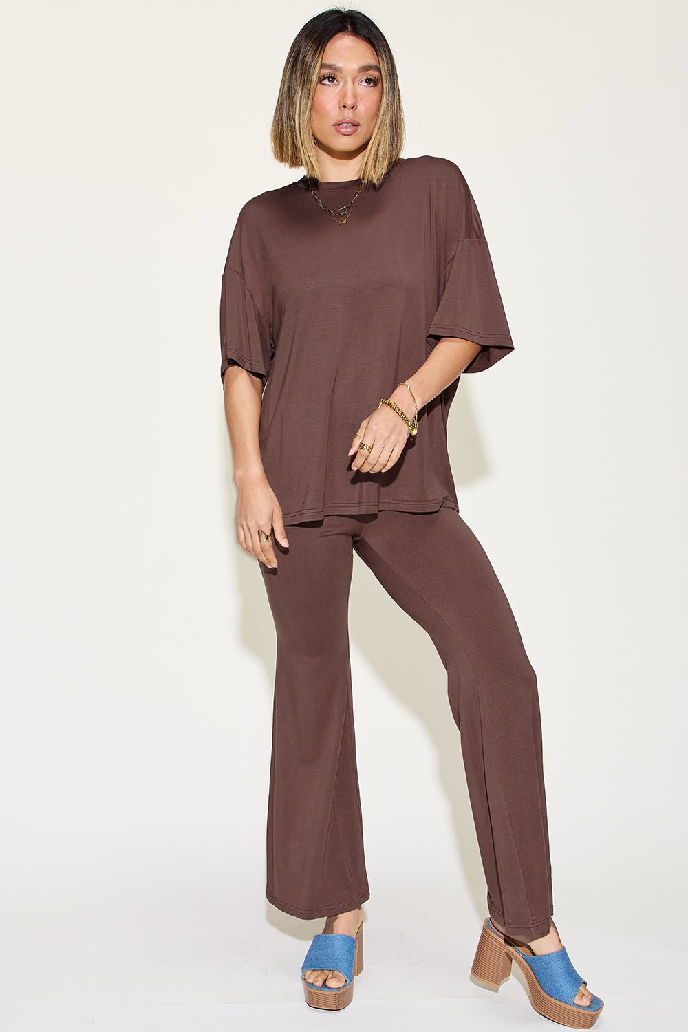 Basic Bae Full Size Bamboo Drop Shoulder T-Shirt and Flare Pants Set - Runway Regalia