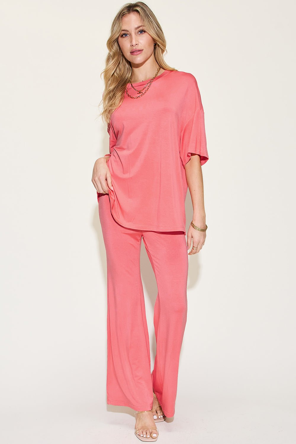 Basic Bae Full Size Bamboo Drop Shoulder T-Shirt and Flare Pants Set - Runway Regalia