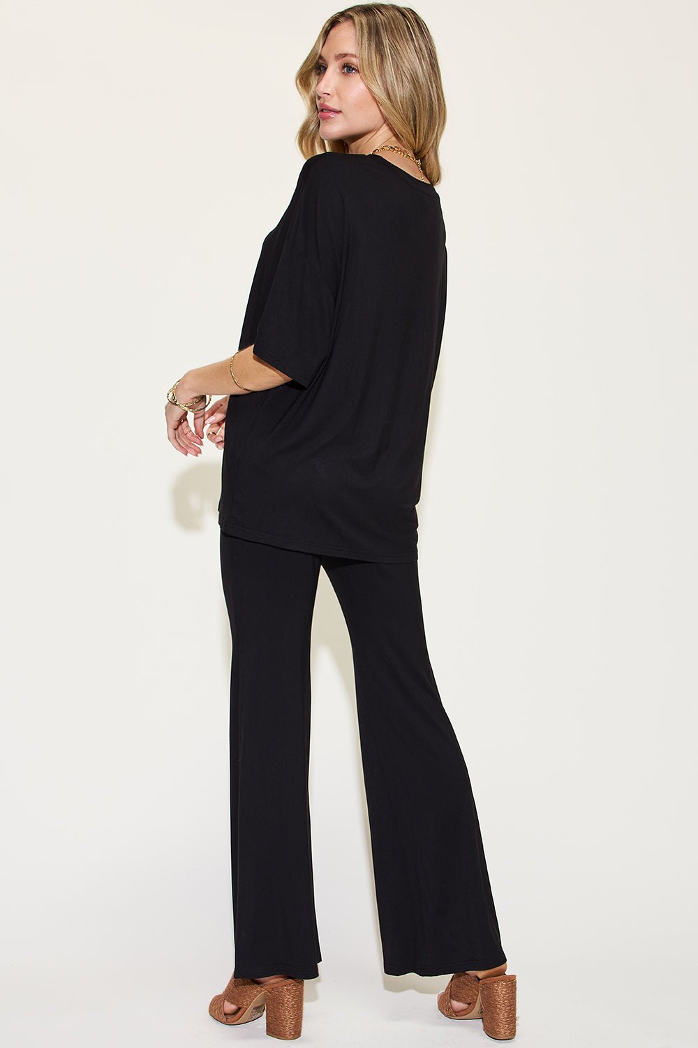 Basic Bae Full Size Bamboo Drop Shoulder T-Shirt and Flare Pants Set - Runway Regalia