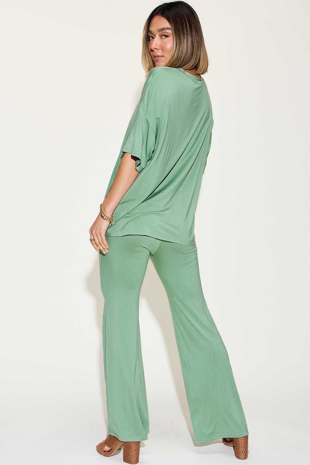 Basic Bae Full Size Bamboo Drop Shoulder T-Shirt and Flare Pants Set - Runway Regalia