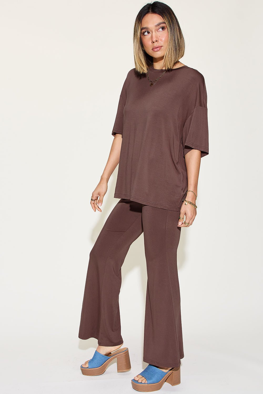 Basic Bae Full Size Bamboo Drop Shoulder T-Shirt and Flare Pants Set - Runway Regalia