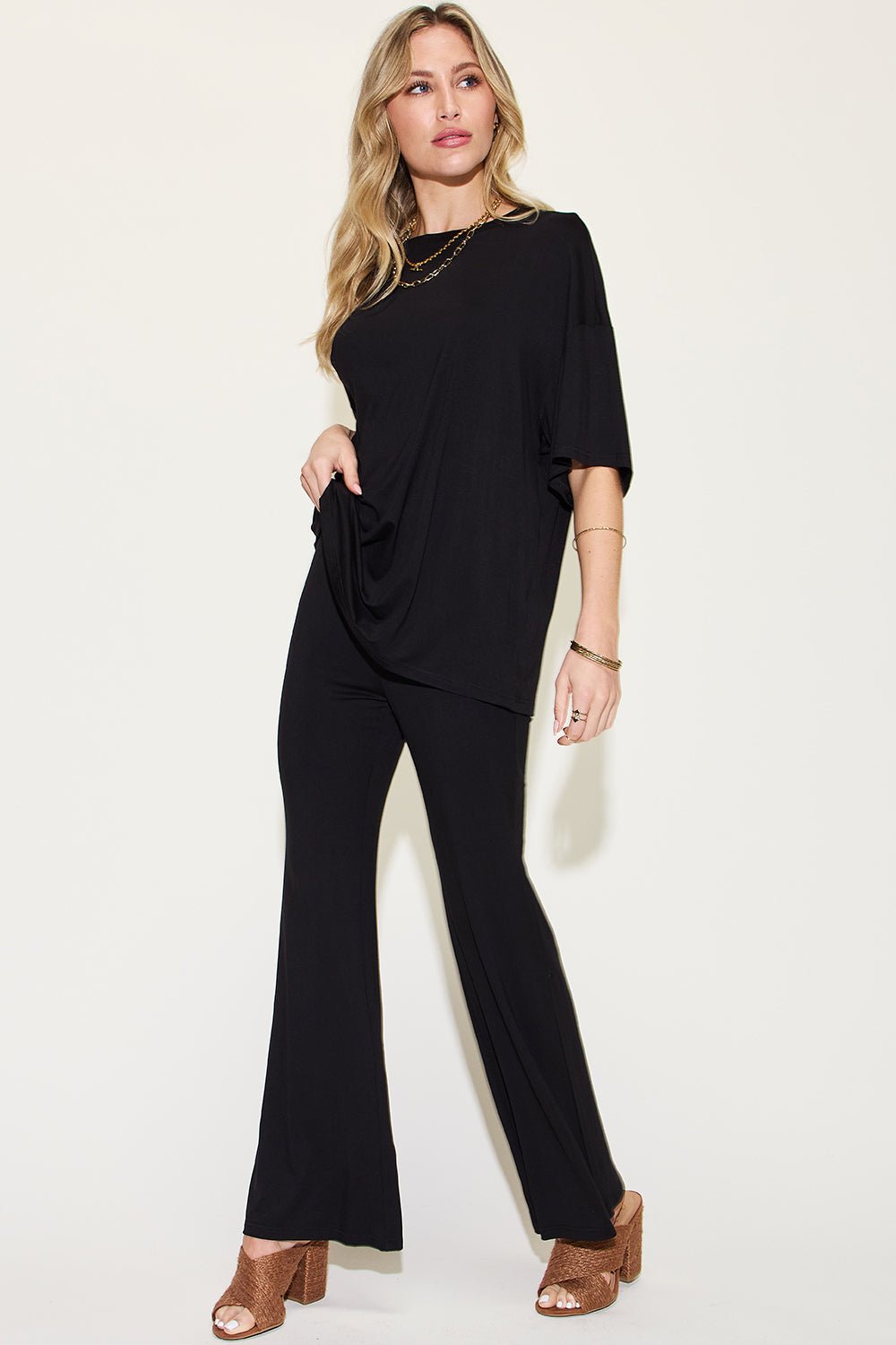 Basic Bae Full Size Bamboo Drop Shoulder T-Shirt and Flare Pants Set - Runway Regalia