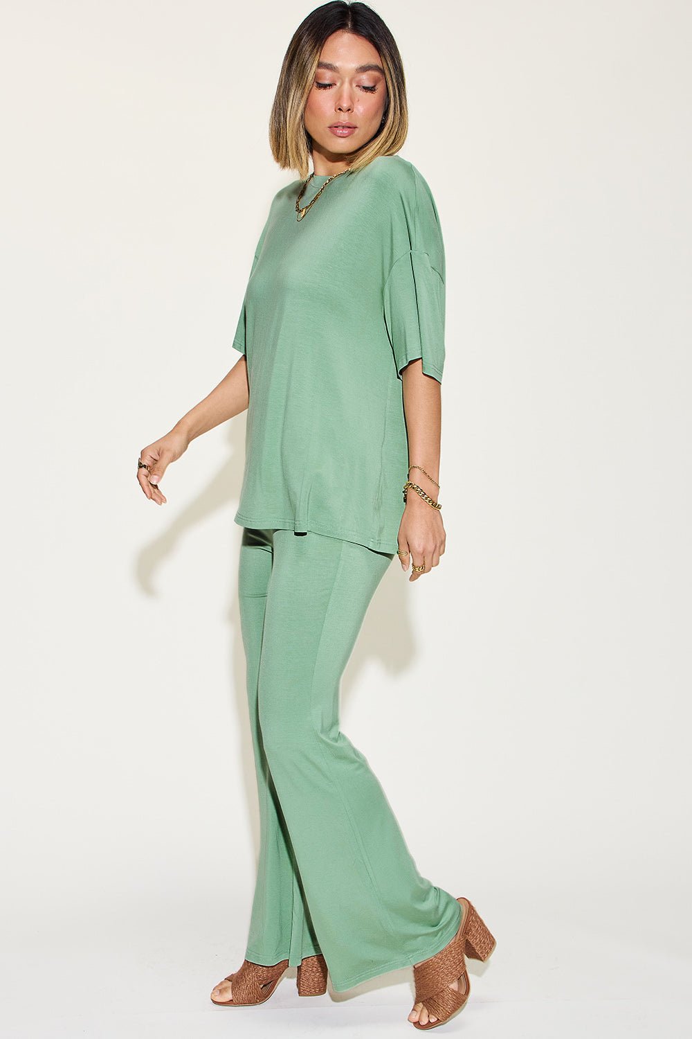 Basic Bae Full Size Bamboo Drop Shoulder T-Shirt and Flare Pants Set - Runway Regalia