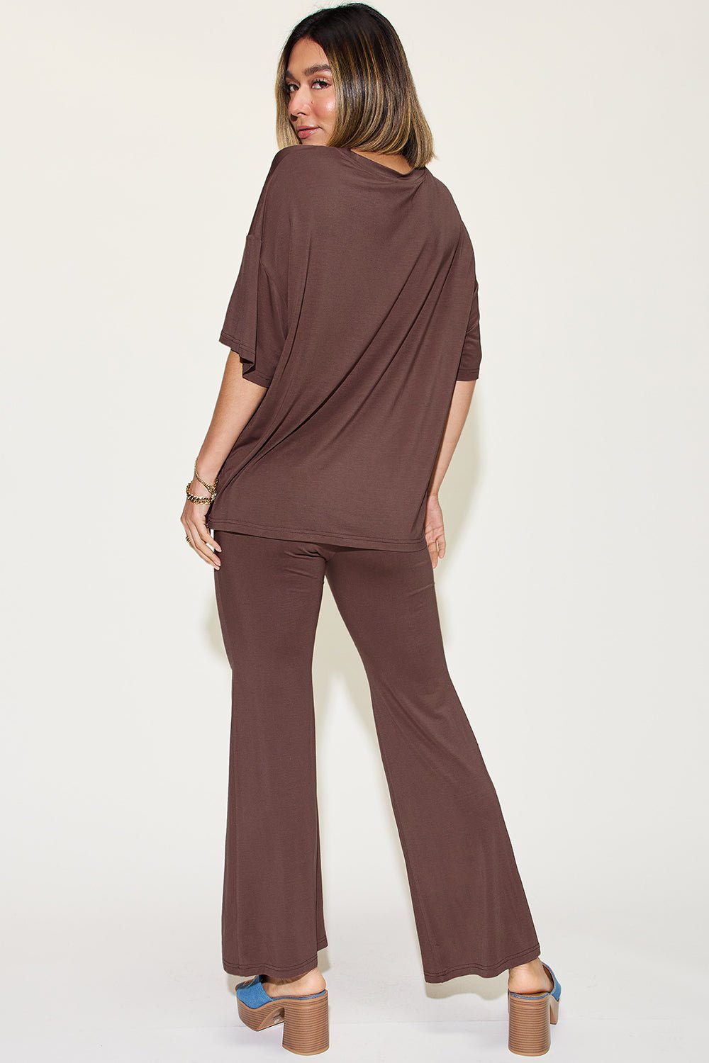 Basic Bae Full Size Bamboo Drop Shoulder T-Shirt and Flare Pants Set - Runway Regalia