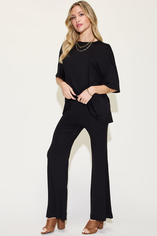 Basic Bae Full Size Bamboo Drop Shoulder T-Shirt and Flare Pants Set - Runway Regalia