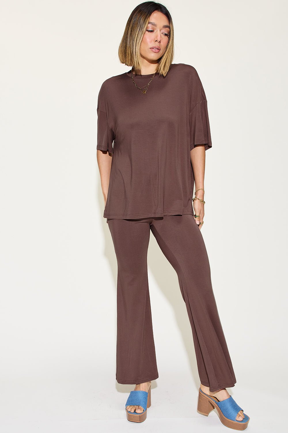 Basic Bae Full Size Bamboo Drop Shoulder T-Shirt and Flare Pants Set - Runway Regalia