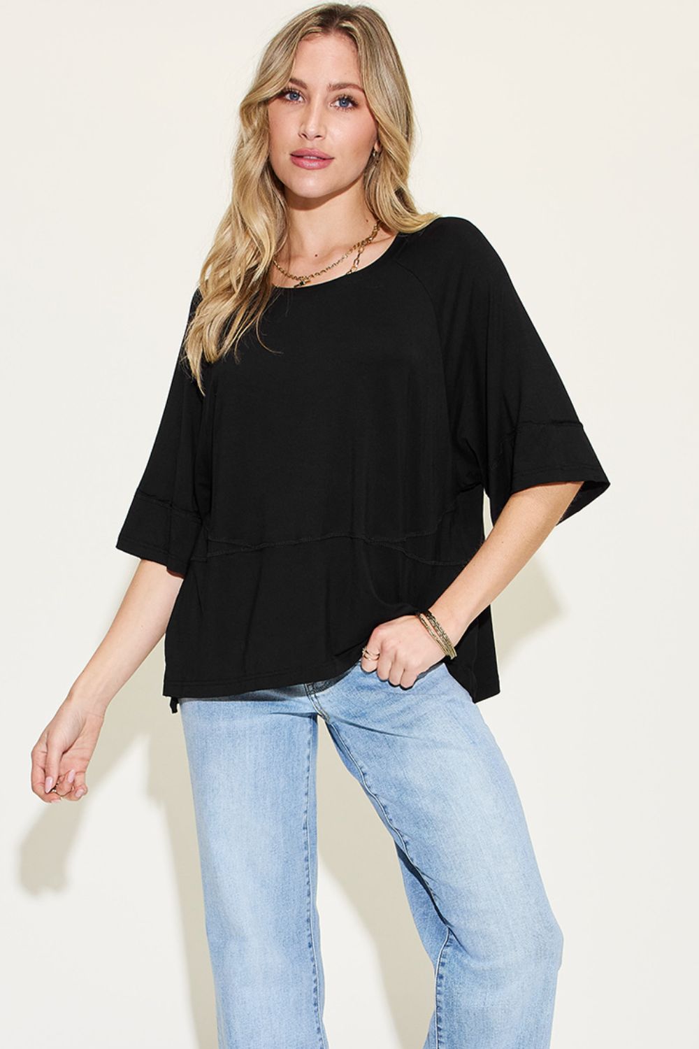 Basic Bae Full Size Bamboo Round Neck Exposed Seam T-Shirt - Runway Regalia