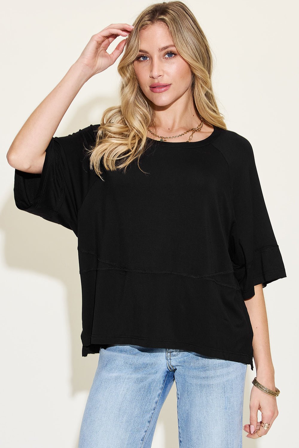 Basic Bae Full Size Bamboo Round Neck Exposed Seam T-Shirt - Runway Regalia