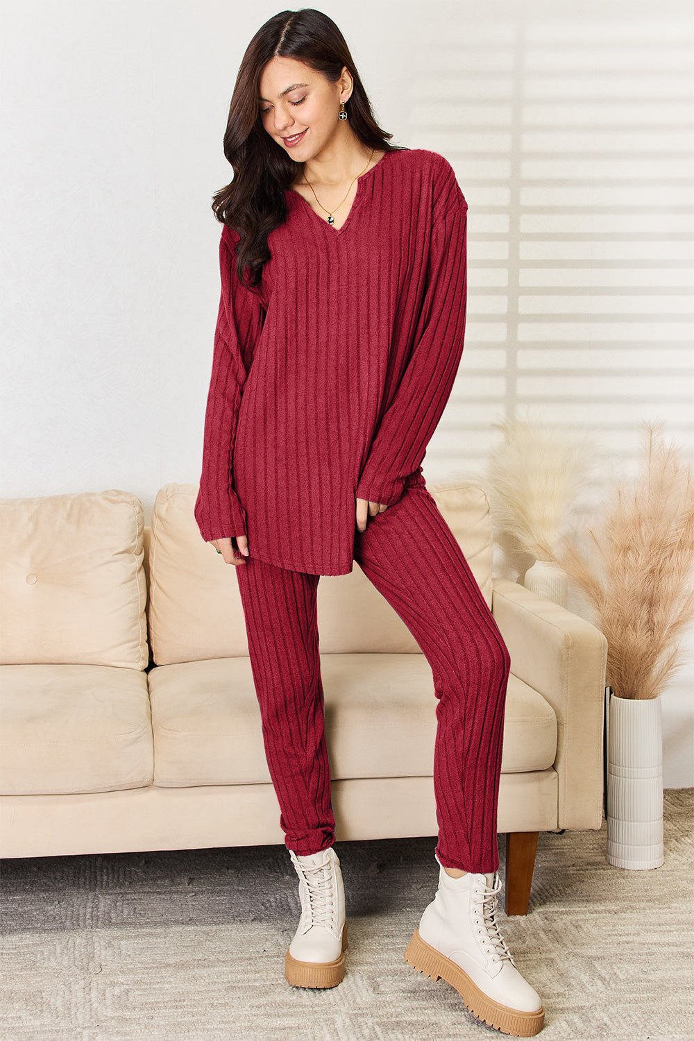 Basic Bae Full Size Notched Long Sleeve Top and Pants Set - Runway Regalia