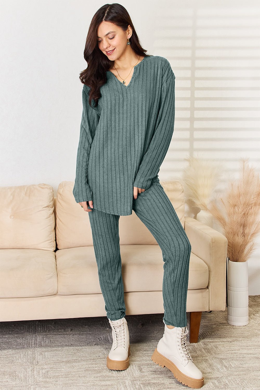 Basic Bae Full Size Notched Long Sleeve Top and Pants Set - Runway Regalia