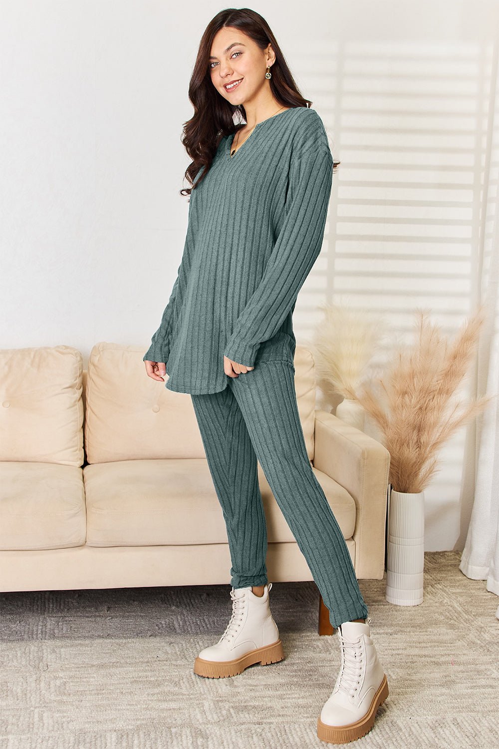 Basic Bae Full Size Notched Long Sleeve Top and Pants Set - Runway Regalia