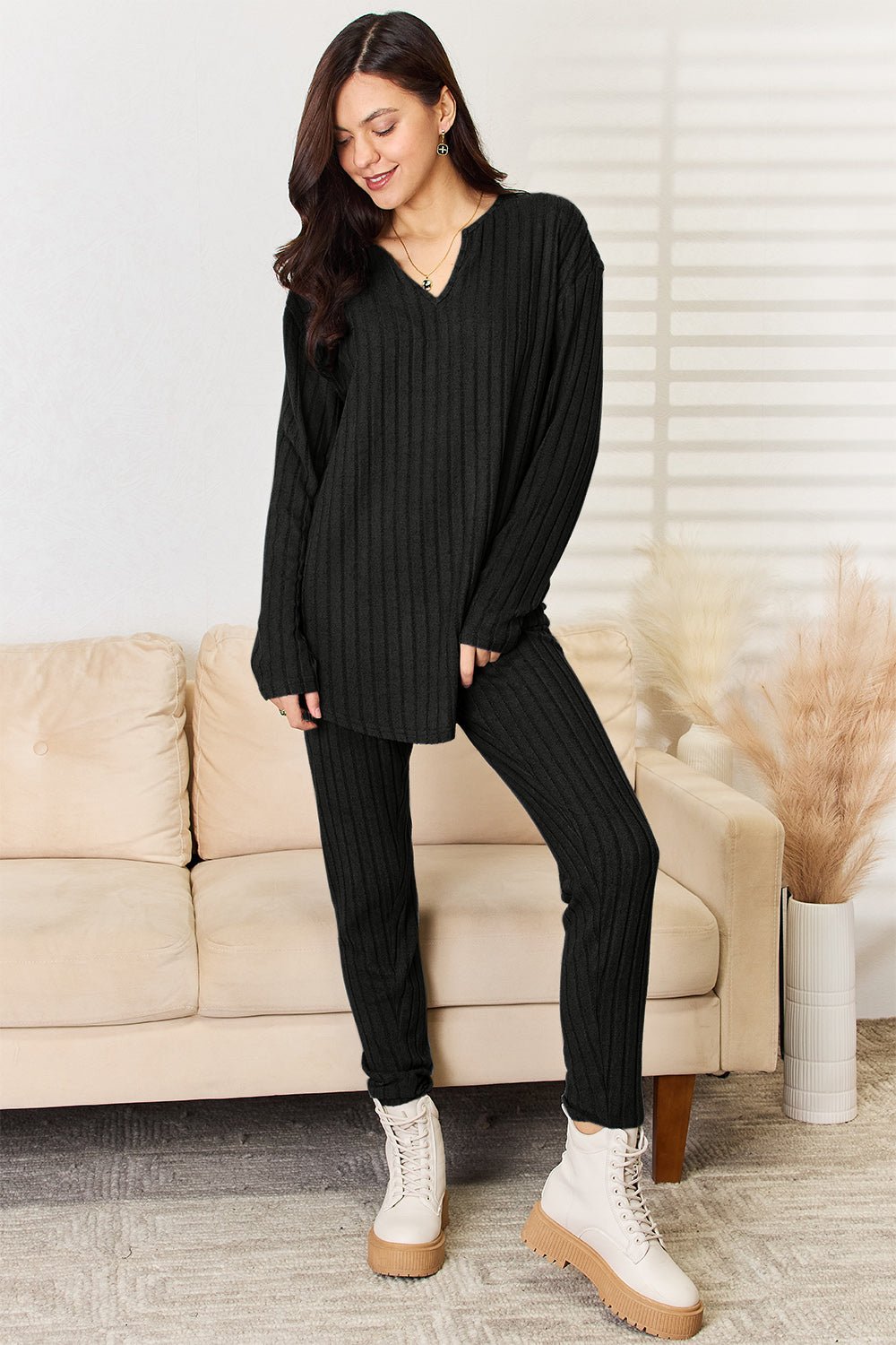 Basic Bae Full Size Notched Long Sleeve Top and Pants Set - Runway Regalia