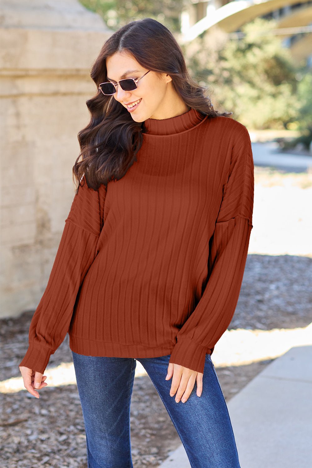 Basic Bae Full Size Ribbed Exposed Seam Mock Neck Knit Top - Runway Regalia