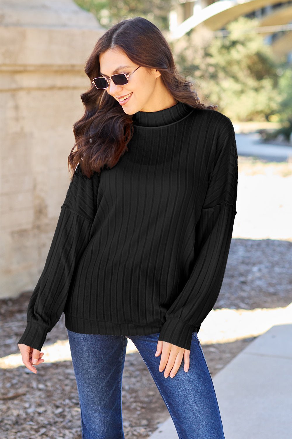 Basic Bae Full Size Ribbed Exposed Seam Mock Neck Knit Top - Runway Regalia