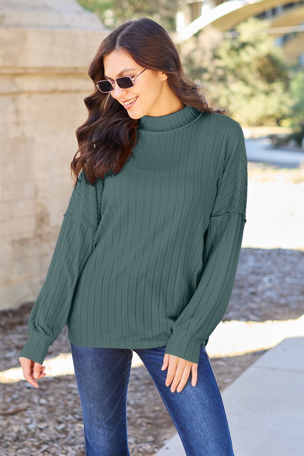 Basic Bae Full Size Ribbed Exposed Seam Mock Neck Knit Top - Runway Regalia