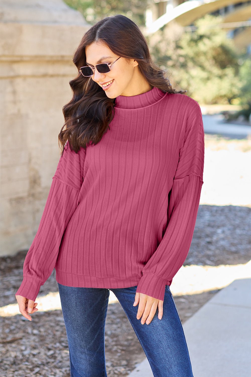 Basic Bae Full Size Ribbed Exposed Seam Mock Neck Knit Top - Runway Regalia