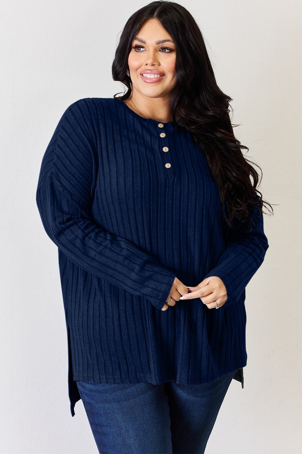 Basic Bae Full Size Ribbed Half Button Long Sleeve High - Low T-Shirt - Runway Regalia