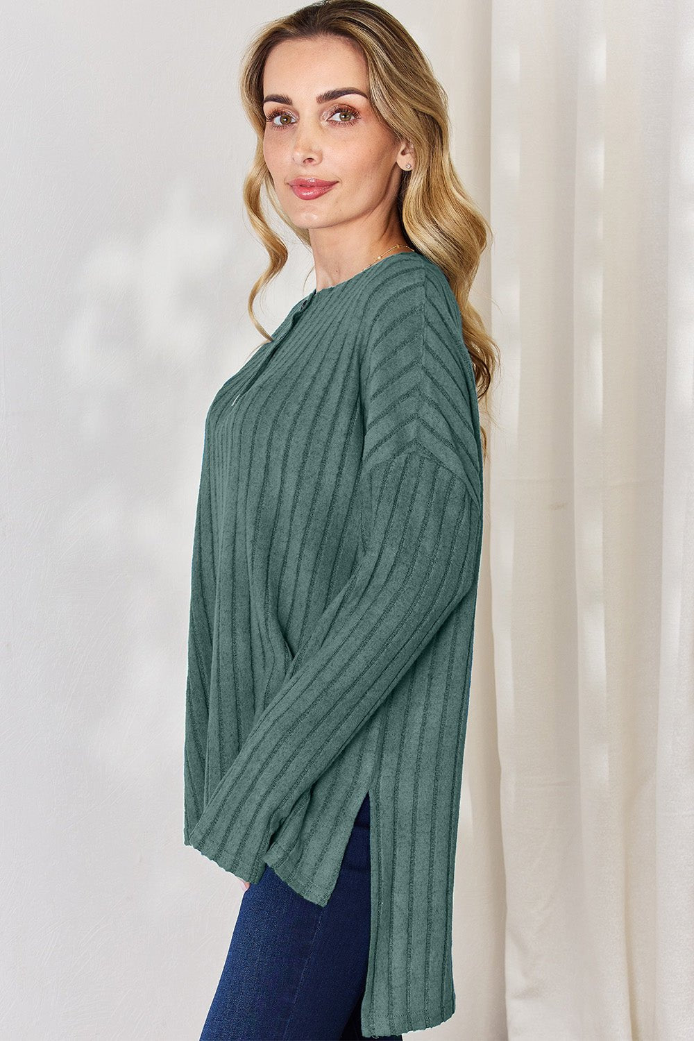 Basic Bae Full Size Ribbed Half Button Long Sleeve High - Low T-Shirt - Runway Regalia