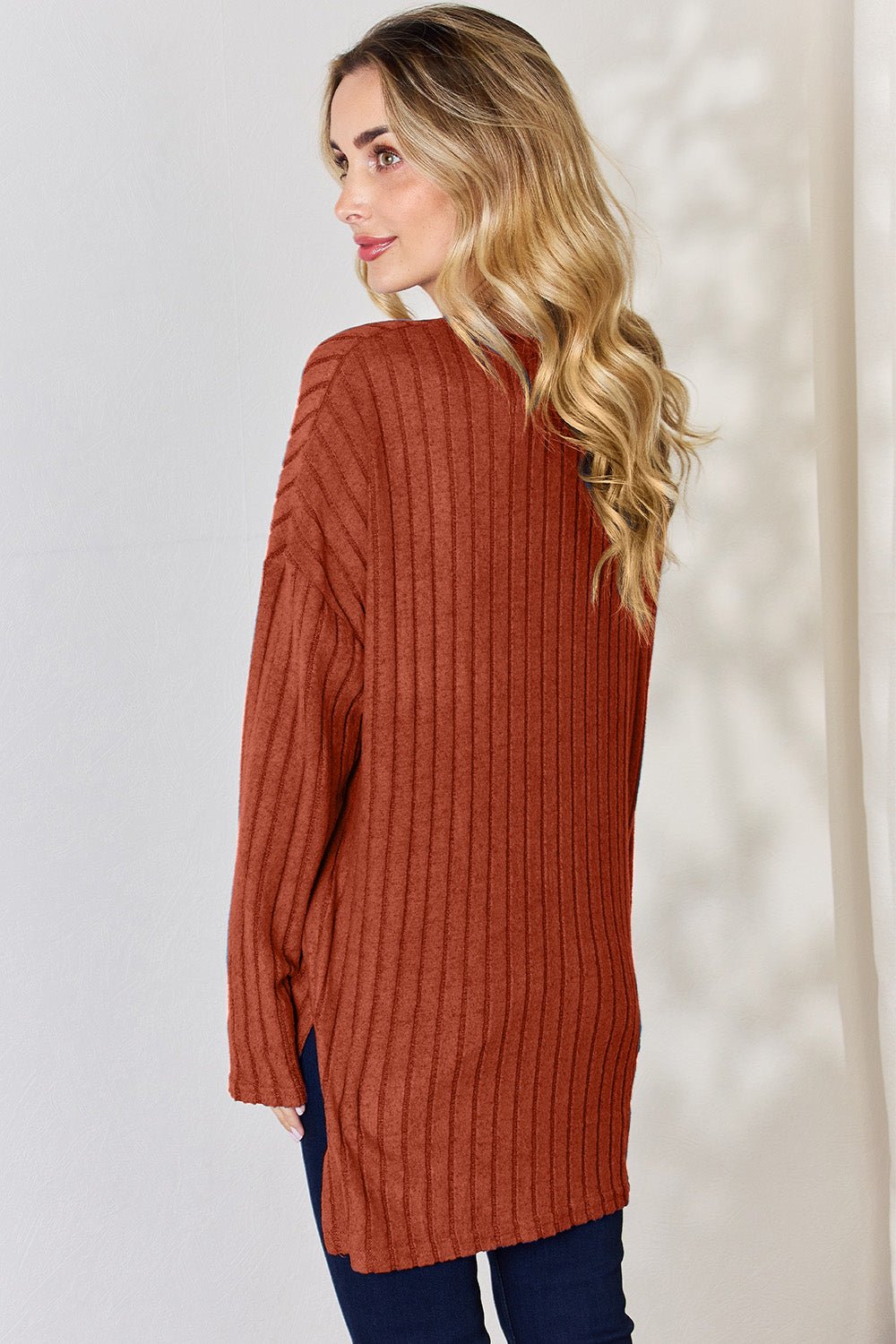 Basic Bae Full Size Ribbed Half Button Long Sleeve High - Low T-Shirt - Runway Regalia