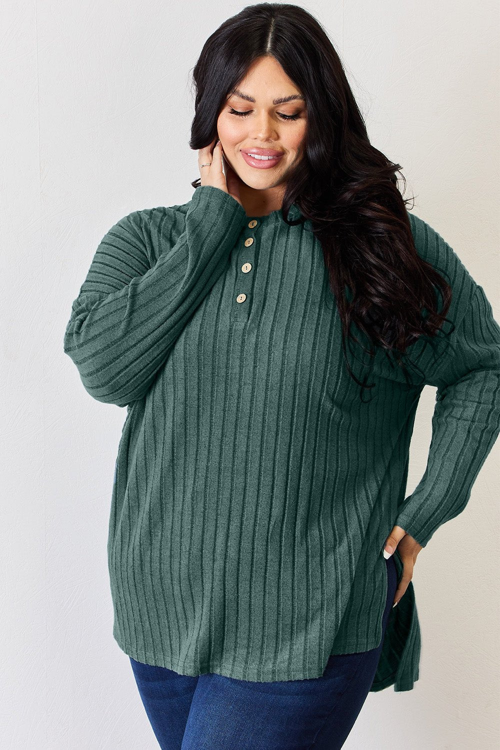 Basic Bae Full Size Ribbed Half Button Long Sleeve High - Low T-Shirt - Runway Regalia