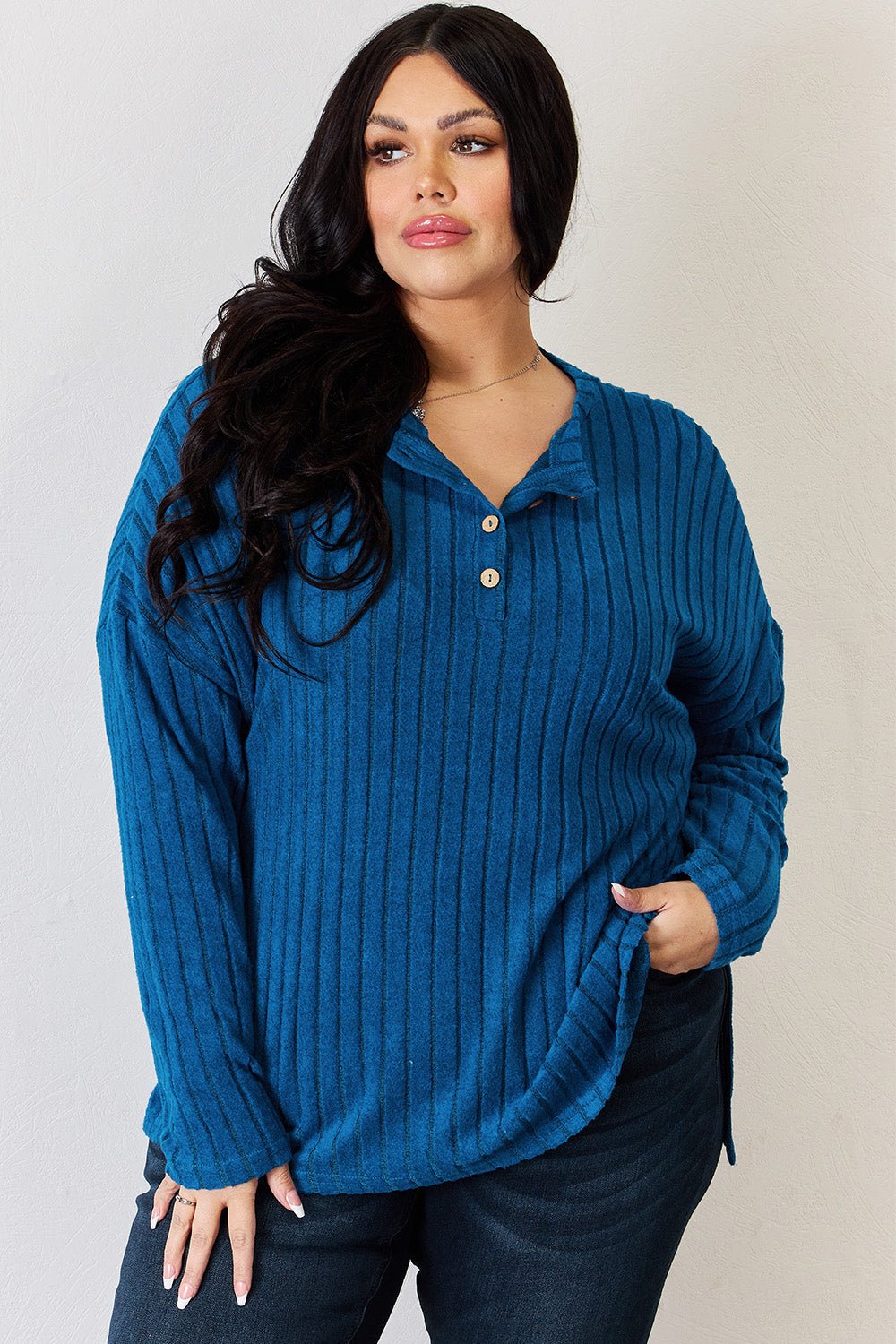 Basic Bae Full Size Ribbed Half Button Long Sleeve High - Low T-Shirt - Runway Regalia