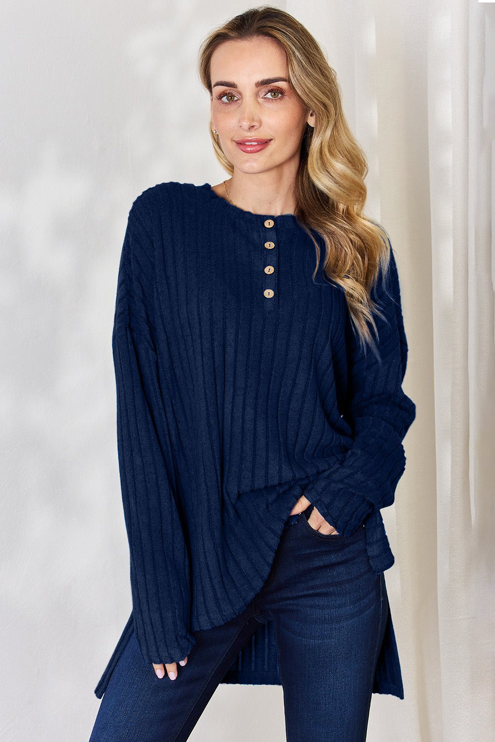 Basic Bae Full Size Ribbed Half Button Long Sleeve High - Low T-Shirt - Runway Regalia