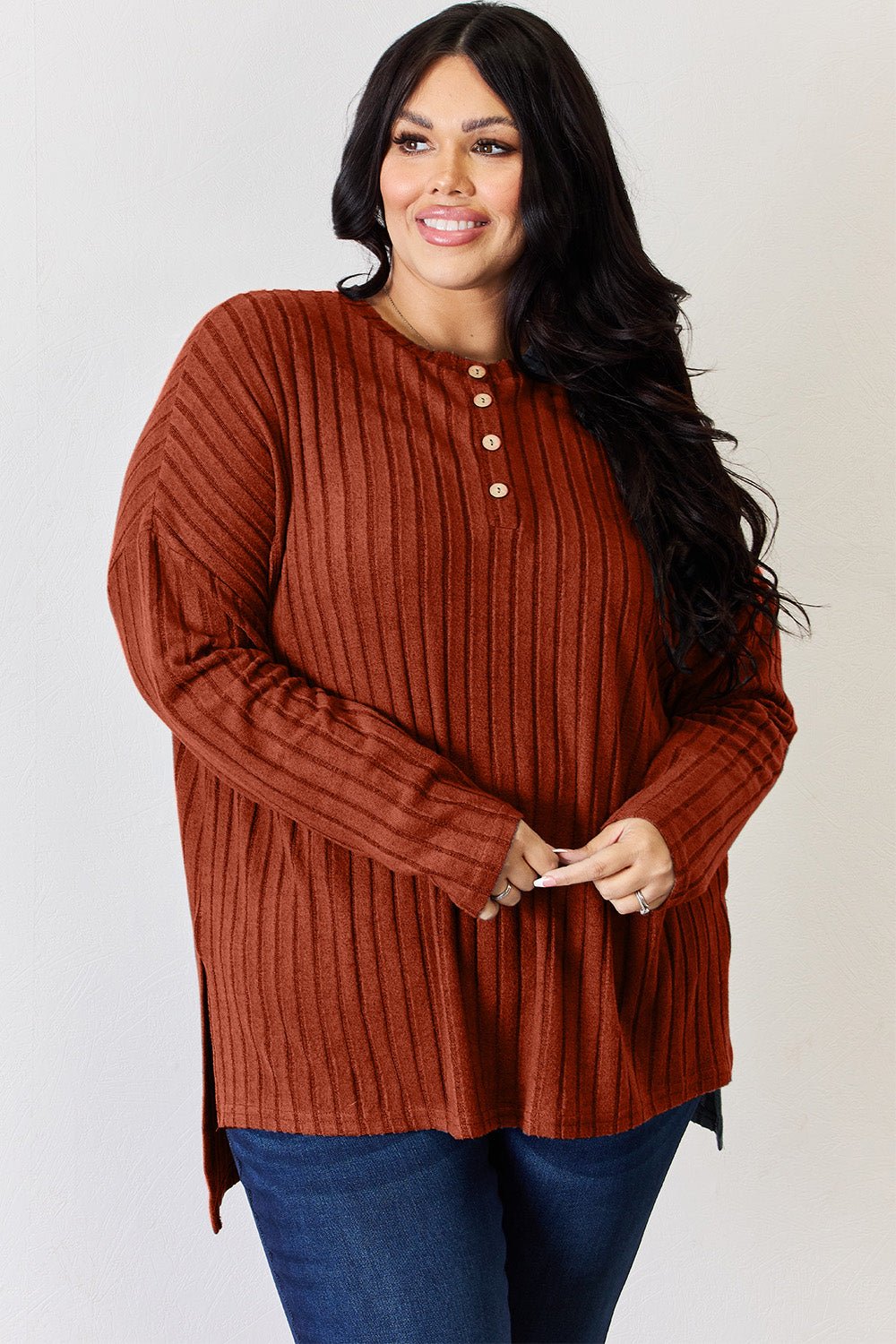 Basic Bae Full Size Ribbed Half Button Long Sleeve High - Low T-Shirt - Runway Regalia