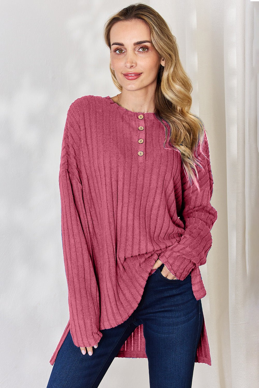 Basic Bae Full Size Ribbed Half Button Long Sleeve High - Low T-Shirt - Runway Regalia