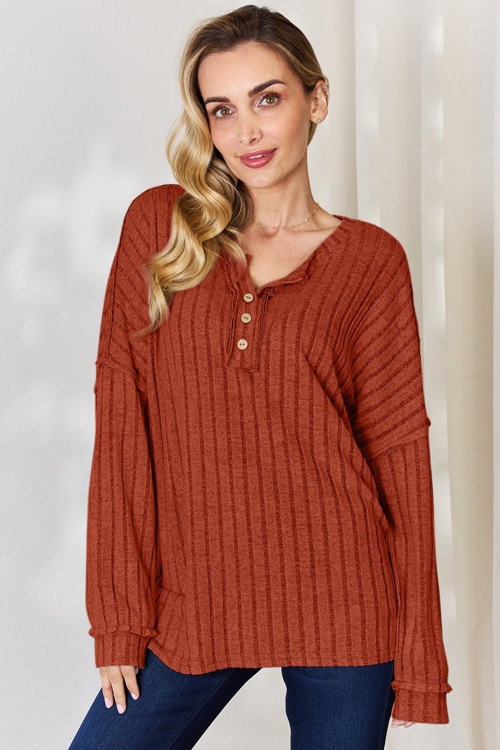 Basic Bae Full Size Ribbed Half Button Long Sleeve T-Shirt - Runway Regalia