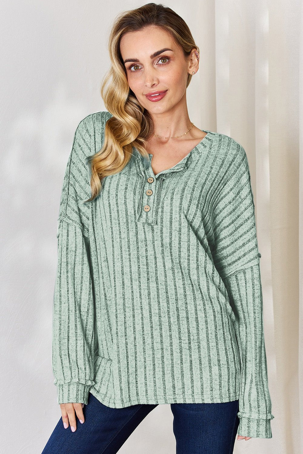 Basic Bae Full Size Ribbed Half Button Long Sleeve T-Shirt - Runway Regalia