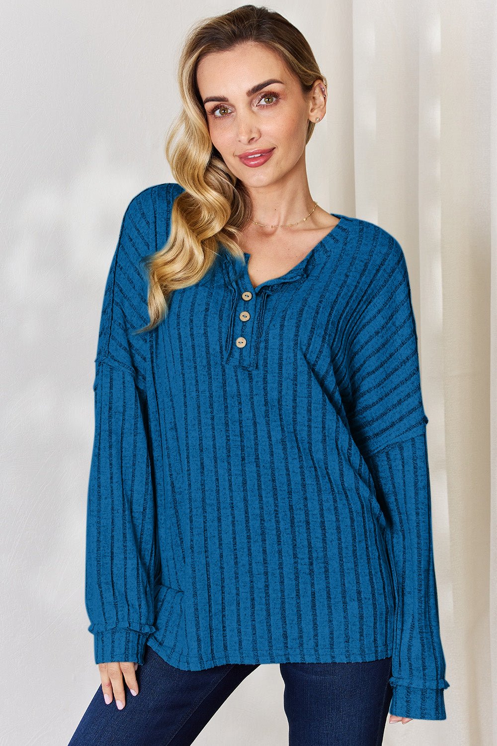 Basic Bae Full Size Ribbed Half Button Long Sleeve T-Shirt - Runway Regalia