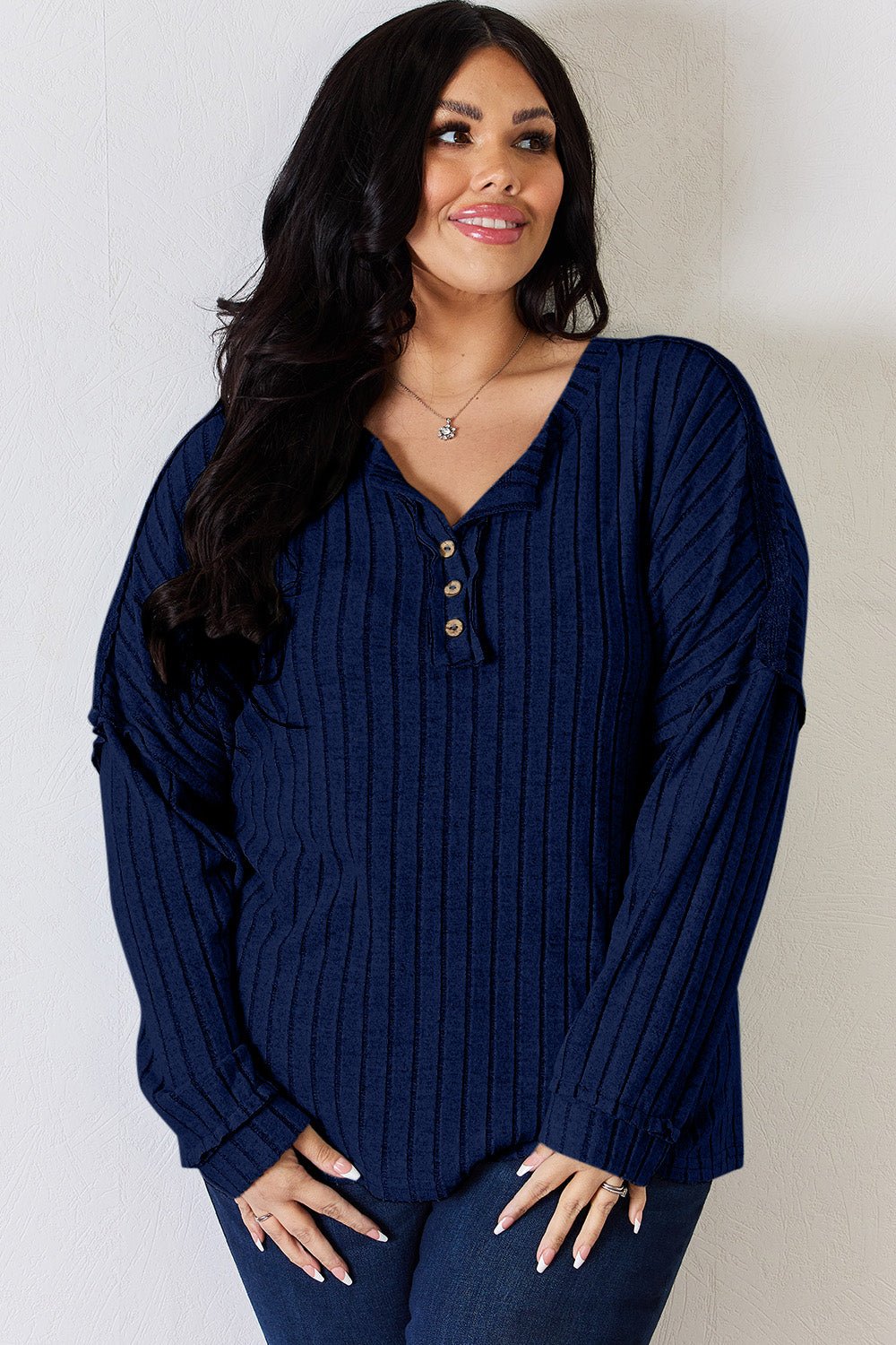 Basic Bae Full Size Ribbed Half Button Long Sleeve T-Shirt - Runway Regalia