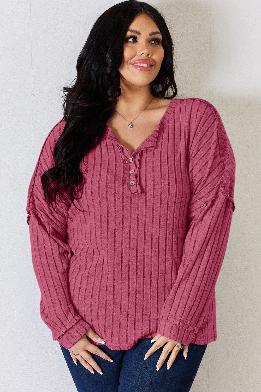 Basic Bae Full Size Ribbed Half Button Long Sleeve T-Shirt - Runway Regalia