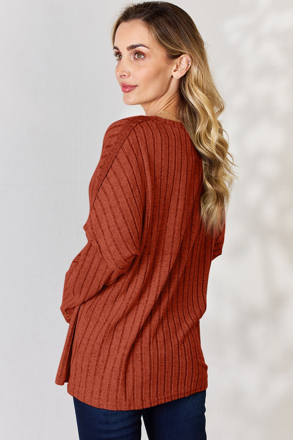 Basic Bae Full Size Ribbed Half Button Long Sleeve T-Shirt - Runway Regalia