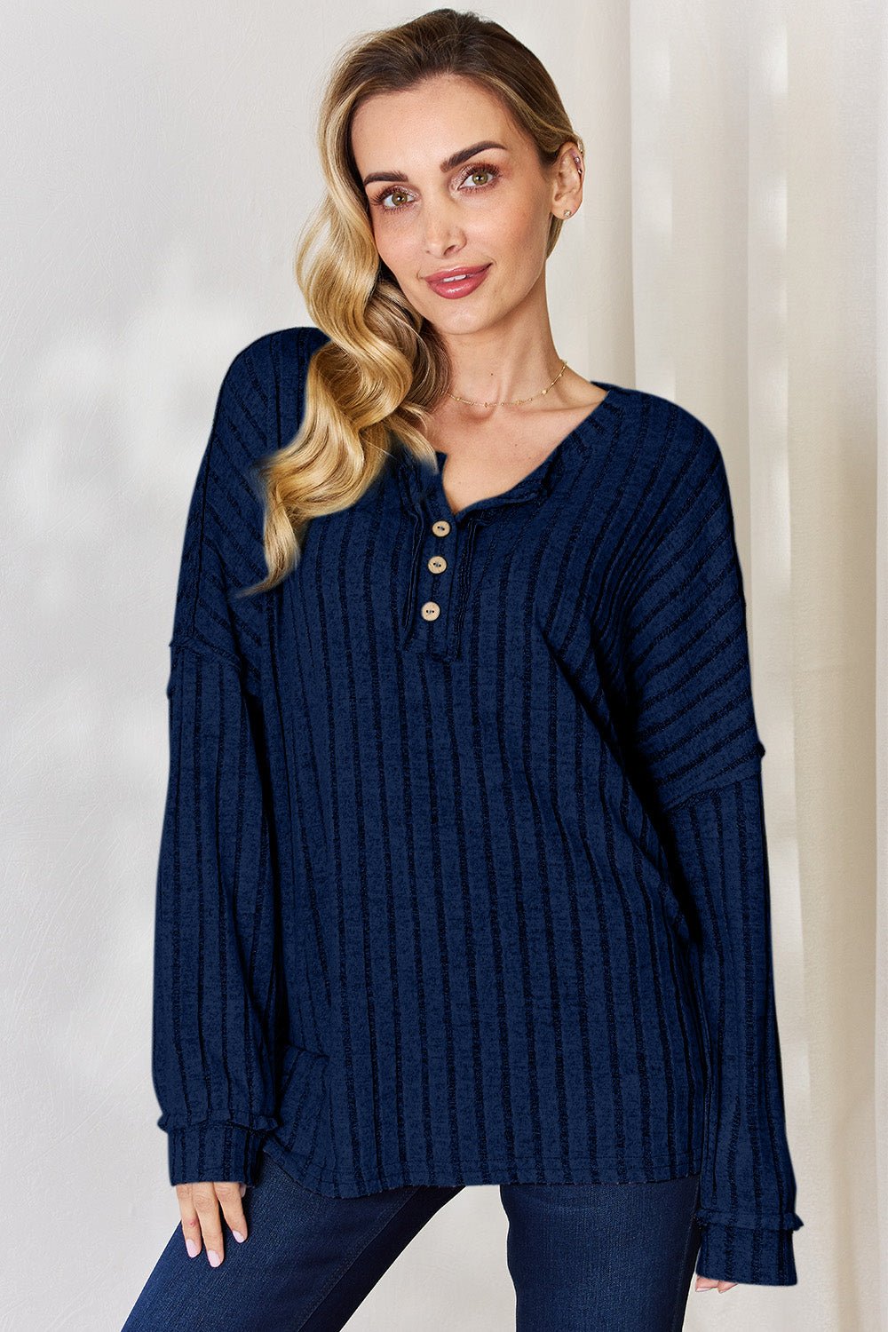 Basic Bae Full Size Ribbed Half Button Long Sleeve T-Shirt - Runway Regalia