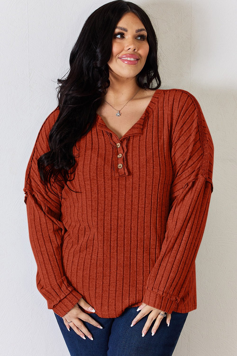 Basic Bae Full Size Ribbed Half Button Long Sleeve T-Shirt - Runway Regalia