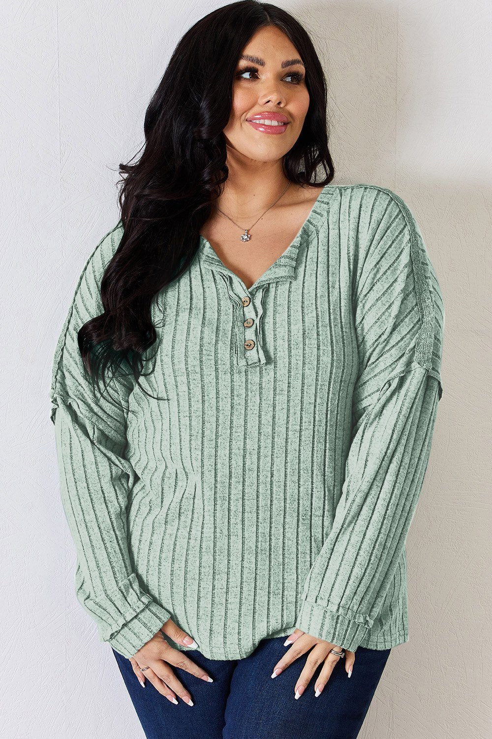 Basic Bae Full Size Ribbed Half Button Long Sleeve T-Shirt - Runway Regalia