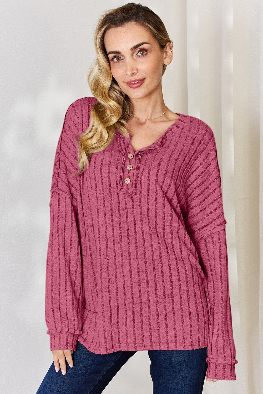 Basic Bae Full Size Ribbed Half Button Long Sleeve T-Shirt - Runway Regalia