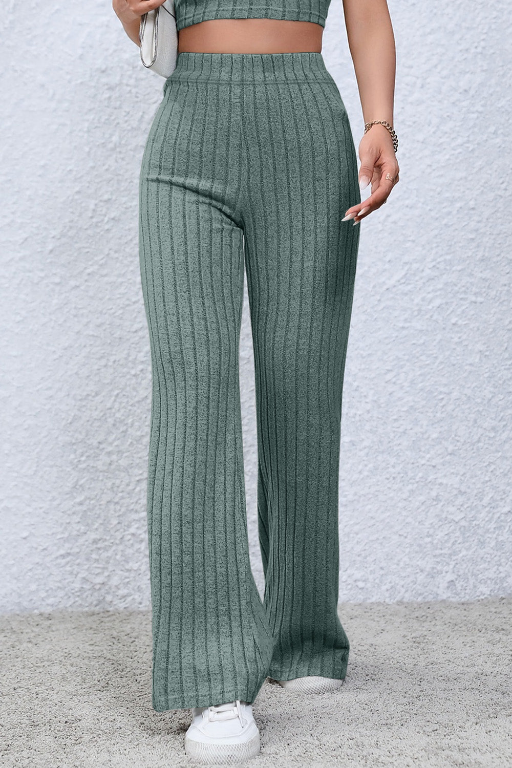 Basic Bae Full Size Ribbed High Waist Flare Pants - Runway Regalia