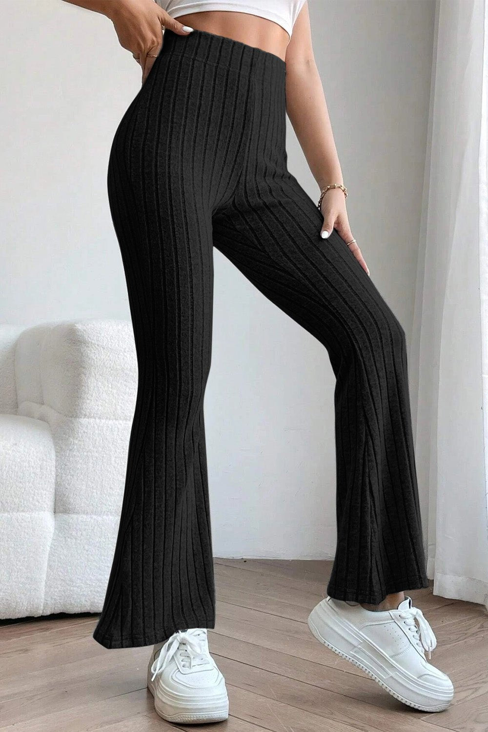 Basic Bae Full Size Ribbed High Waist Flare Pants - Runway Regalia