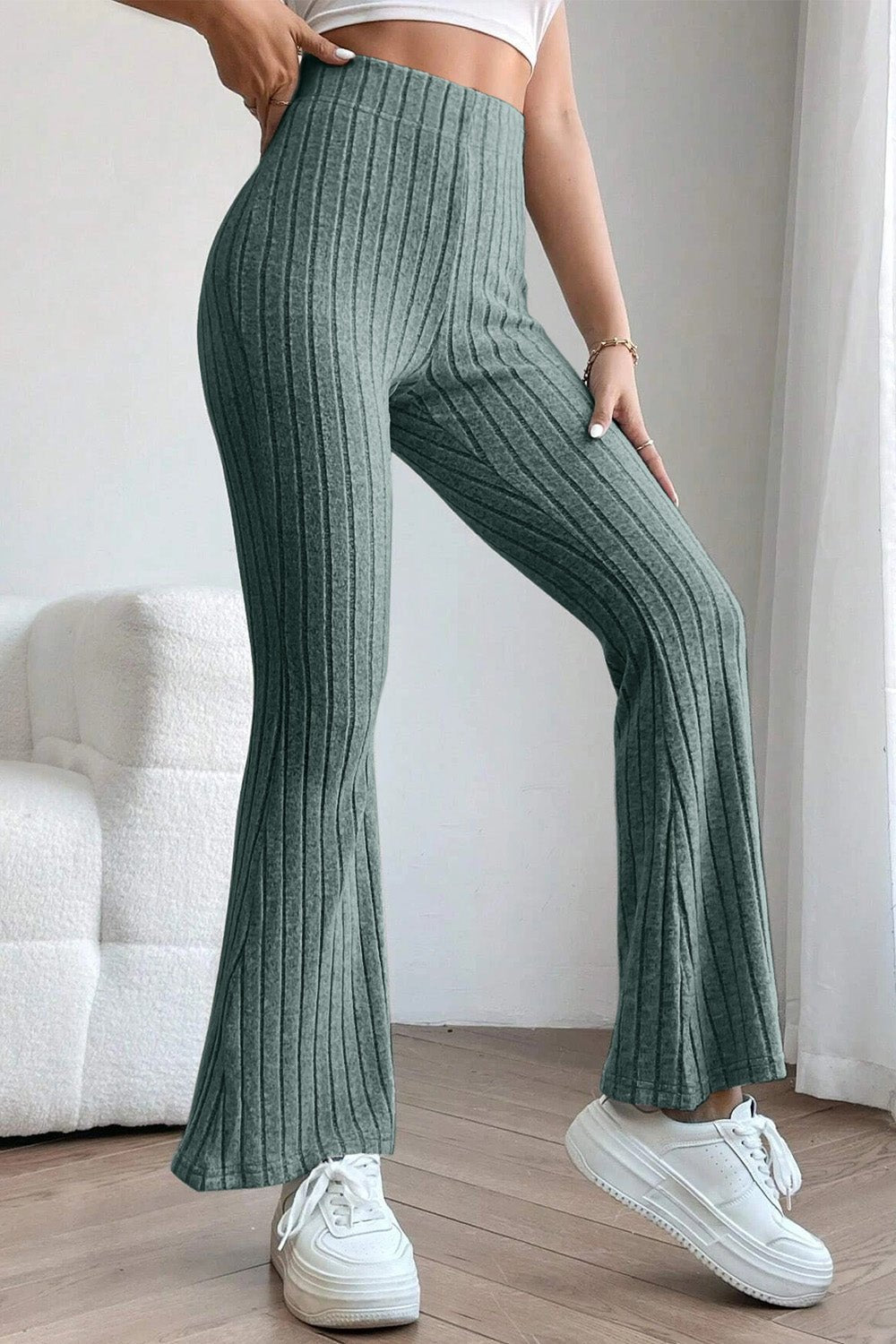 Basic Bae Full Size Ribbed High Waist Flare Pants - Runway Regalia