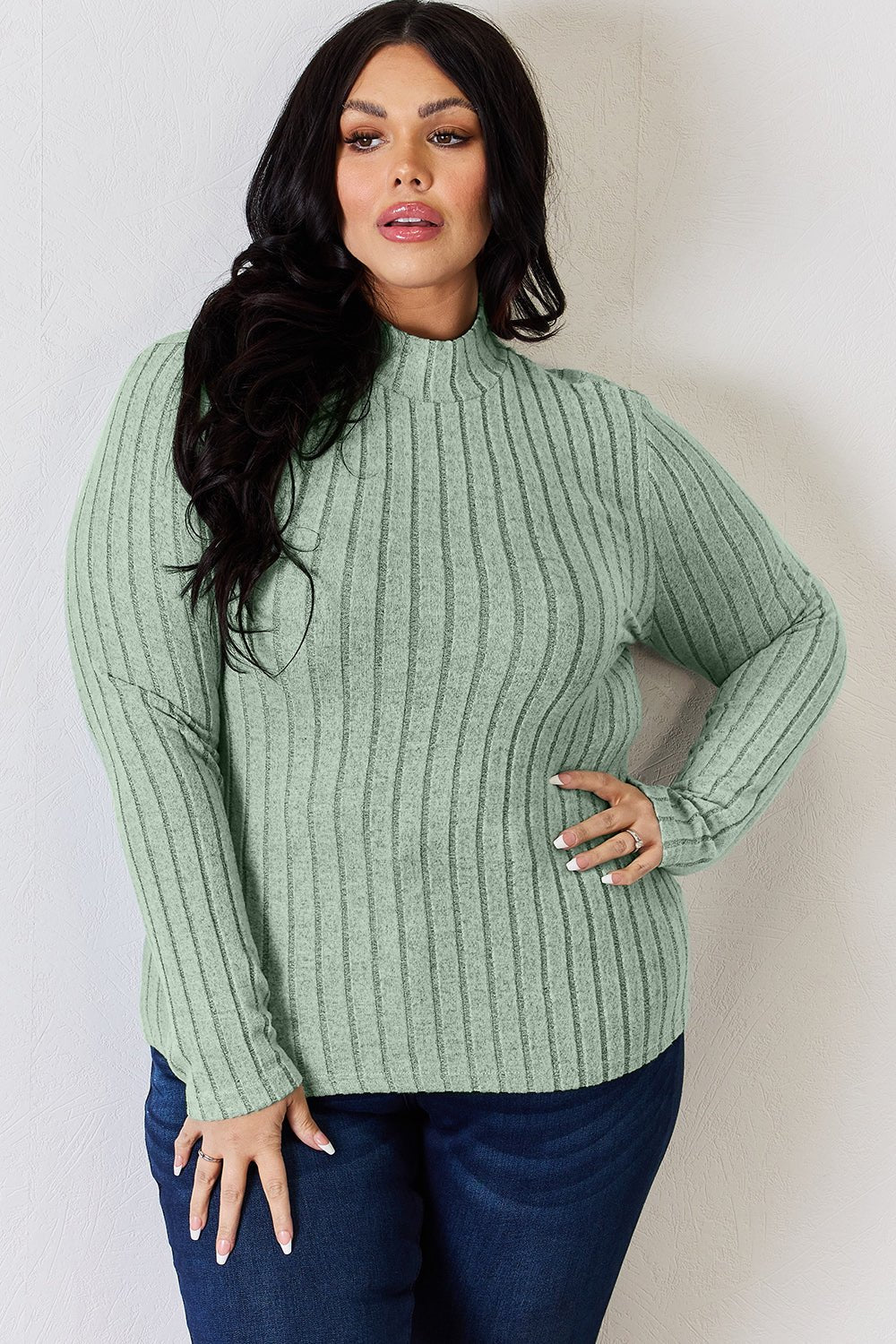 Basic Bae Full Size Ribbed Mock Neck Long Sleeve T-Shirt - Runway Regalia