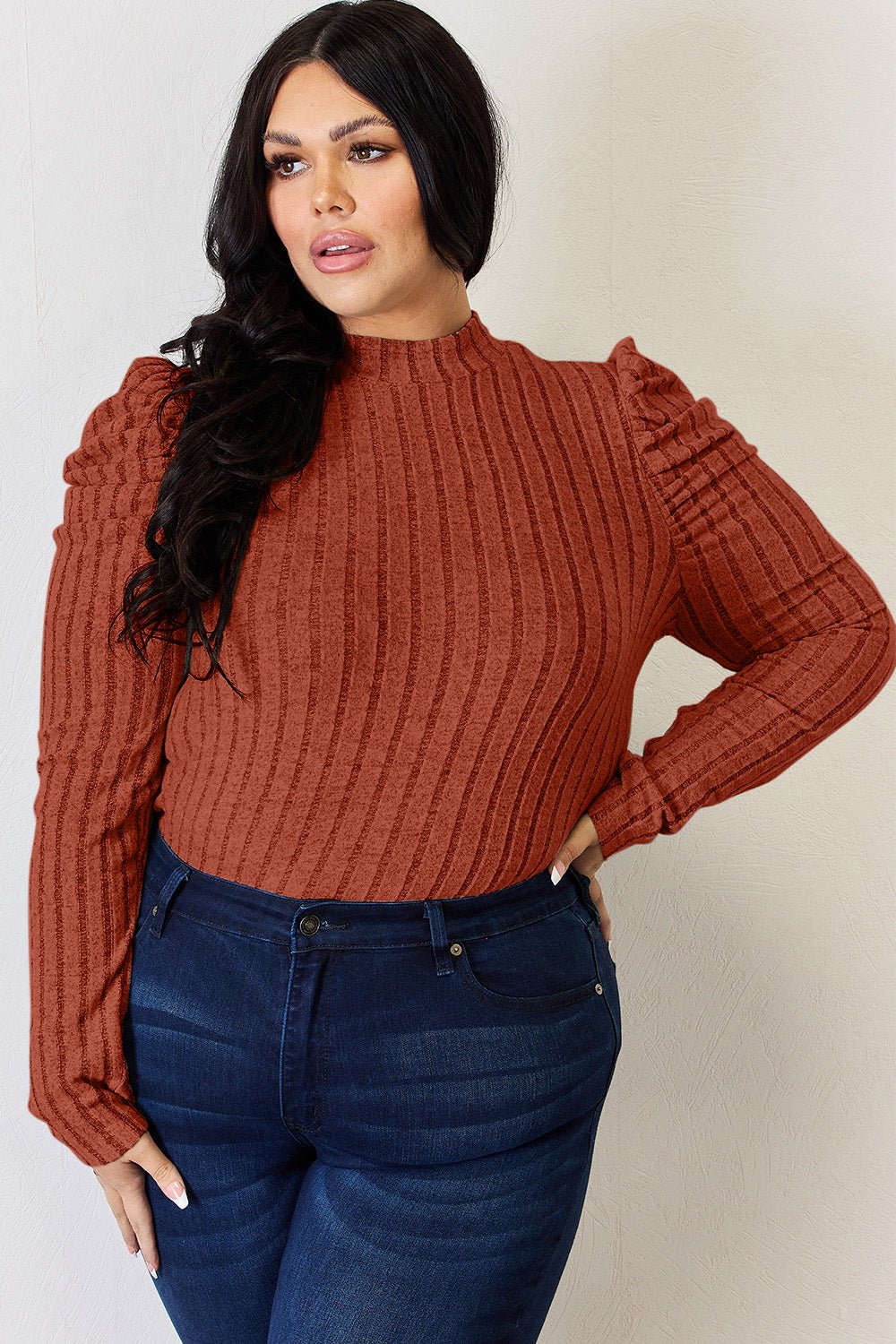 Basic Bae Full Size Ribbed Mock Neck Puff Sleeve T-Shirt - Runway Regalia