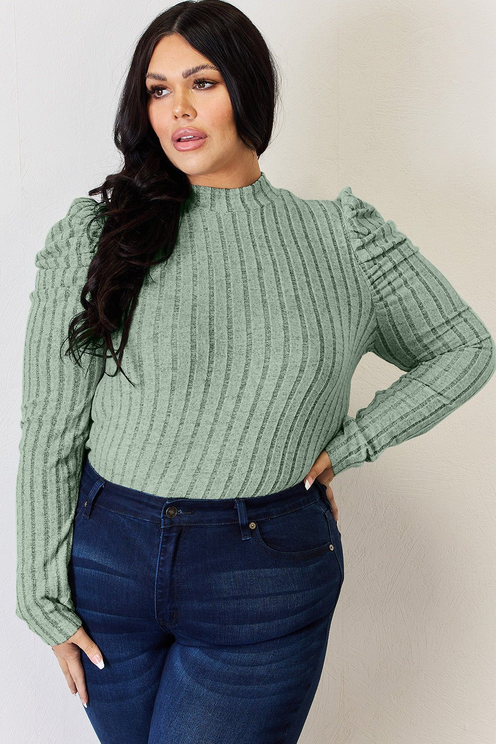 Basic Bae Full Size Ribbed Mock Neck Puff Sleeve T-Shirt - Runway Regalia