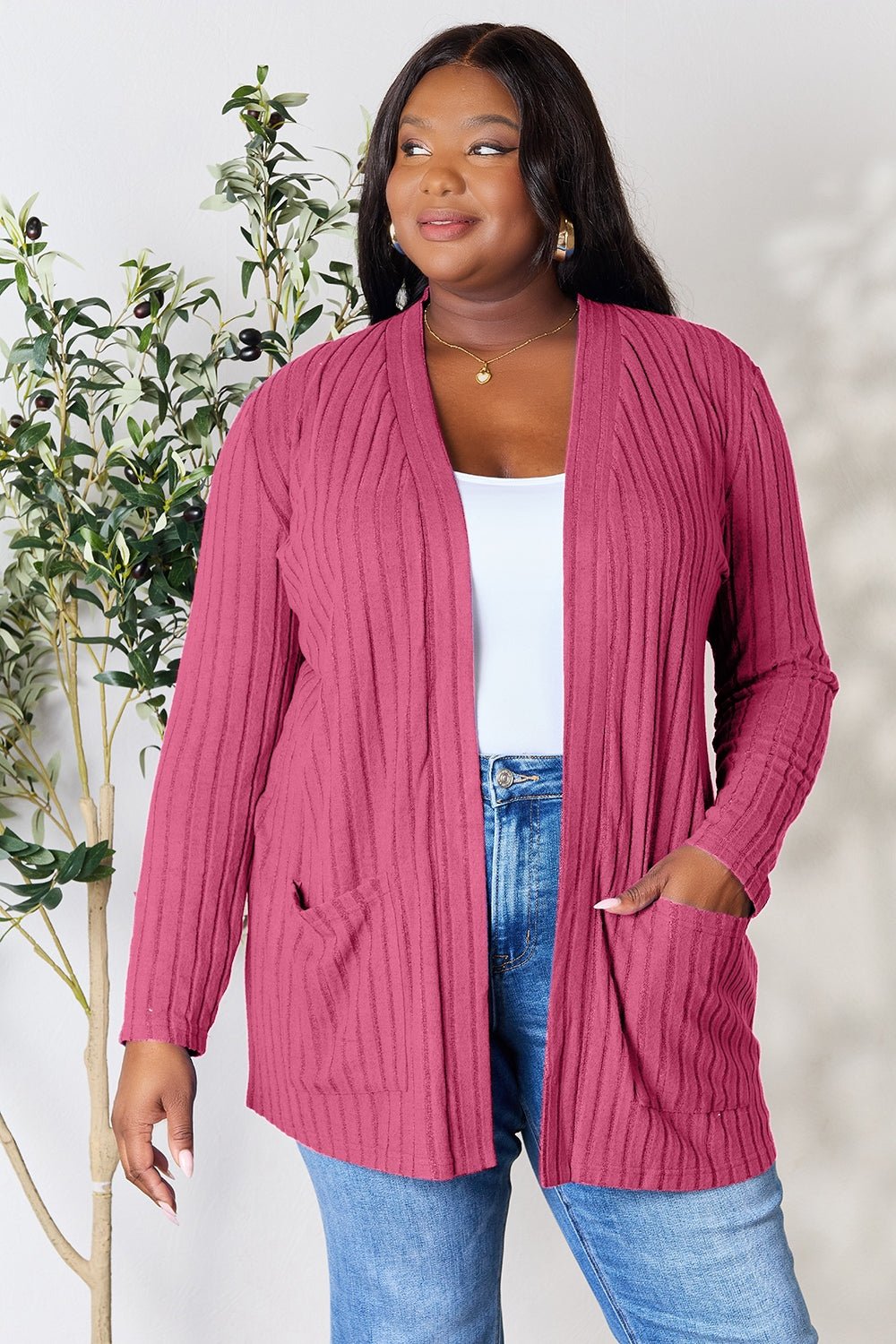 Basic Bae Full Size Ribbed Open Front Cardigan with Pockets - Runway Regalia