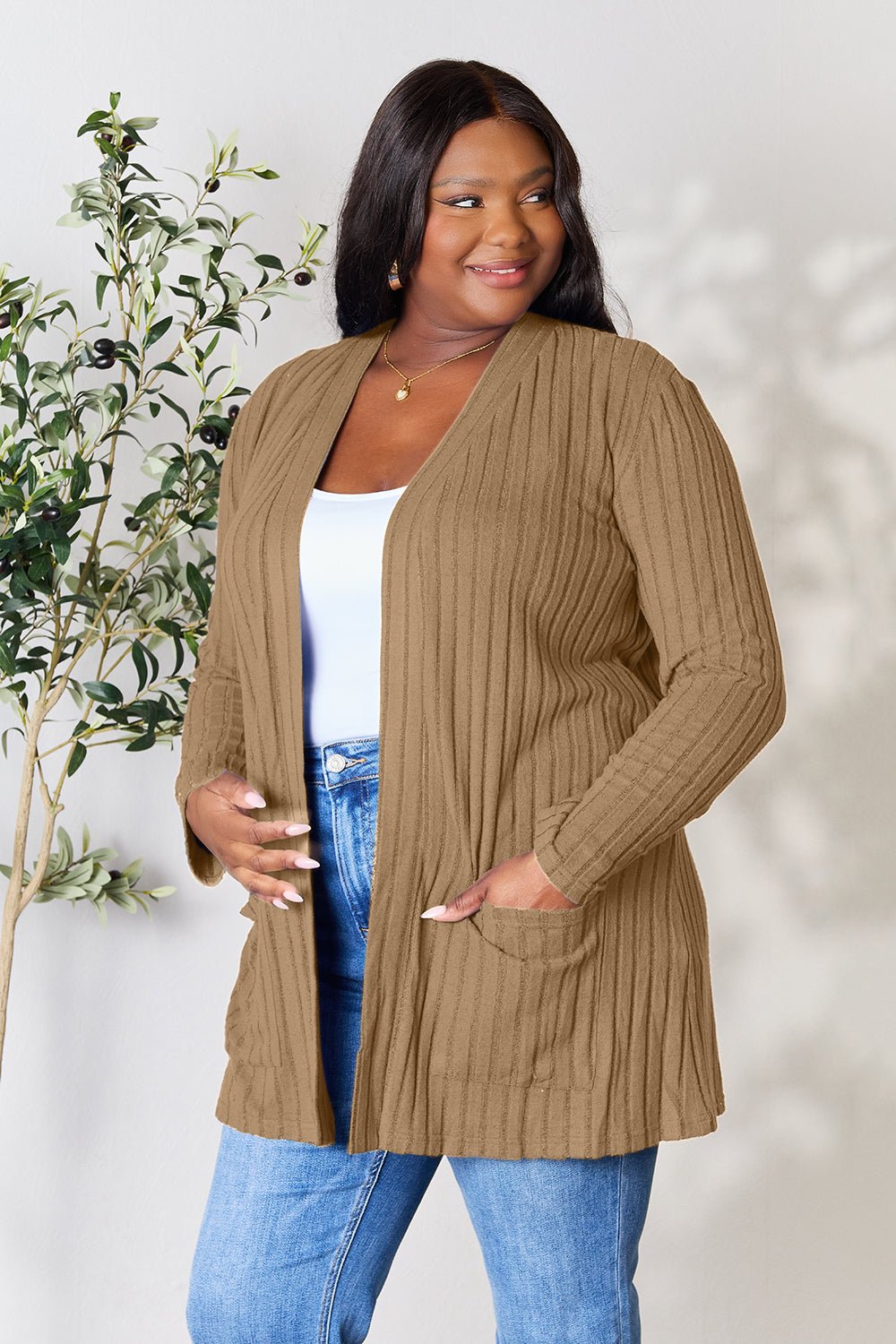 Basic Bae Full Size Ribbed Open Front Cardigan with Pockets - Runway Regalia