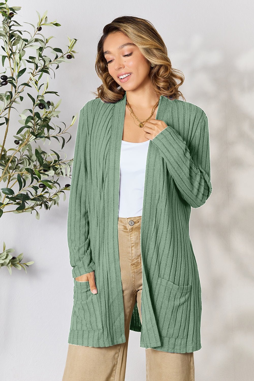 Basic Bae Full Size Ribbed Open Front Cardigan with Pockets - Runway Regalia