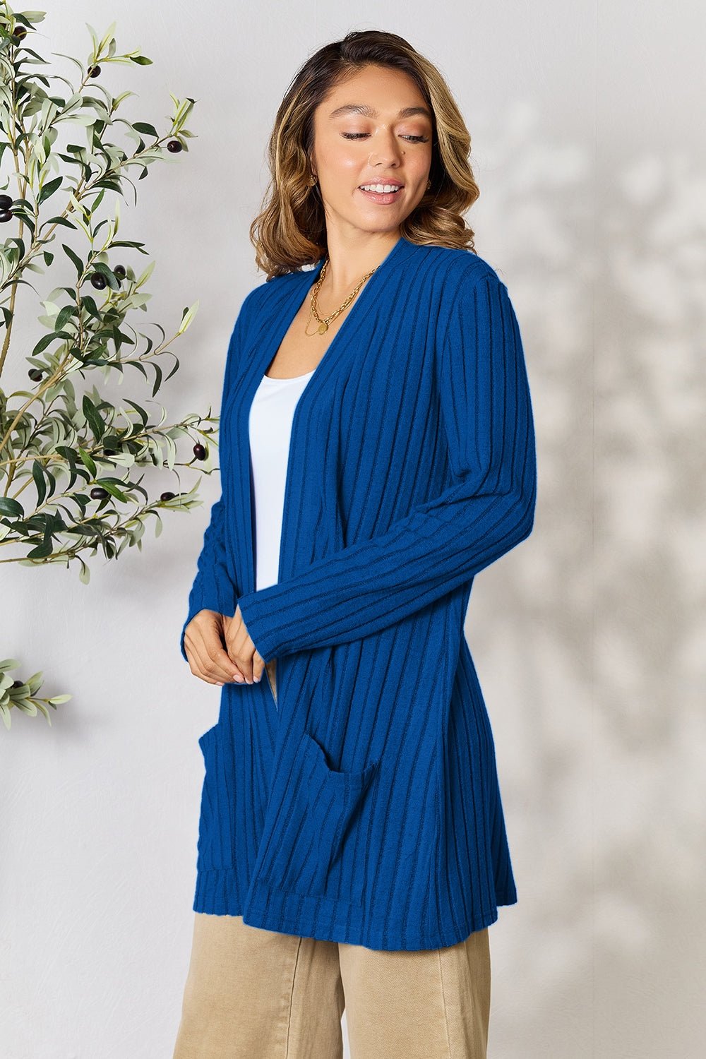 Basic Bae Full Size Ribbed Open Front Cardigan with Pockets - Runway Regalia