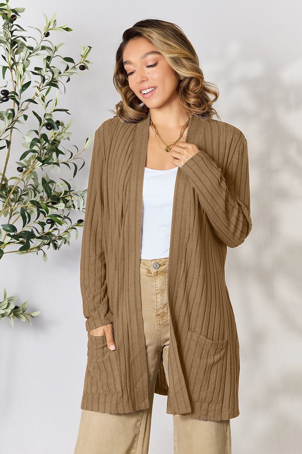 Basic Bae Full Size Ribbed Open Front Cardigan with Pockets - Runway Regalia